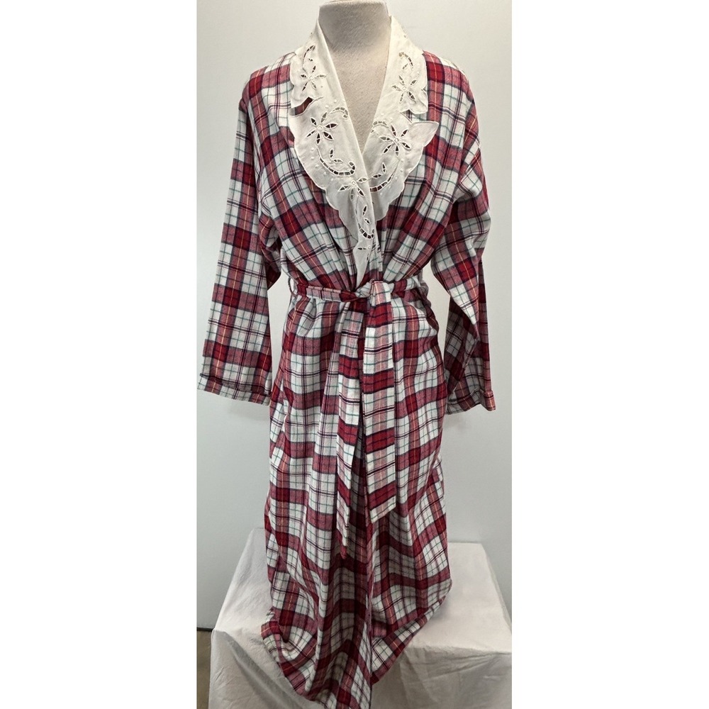 Vtg Priamo New York Flannel Robe Women's OSFM Plaid Belt Lace Shawl Collar 90s